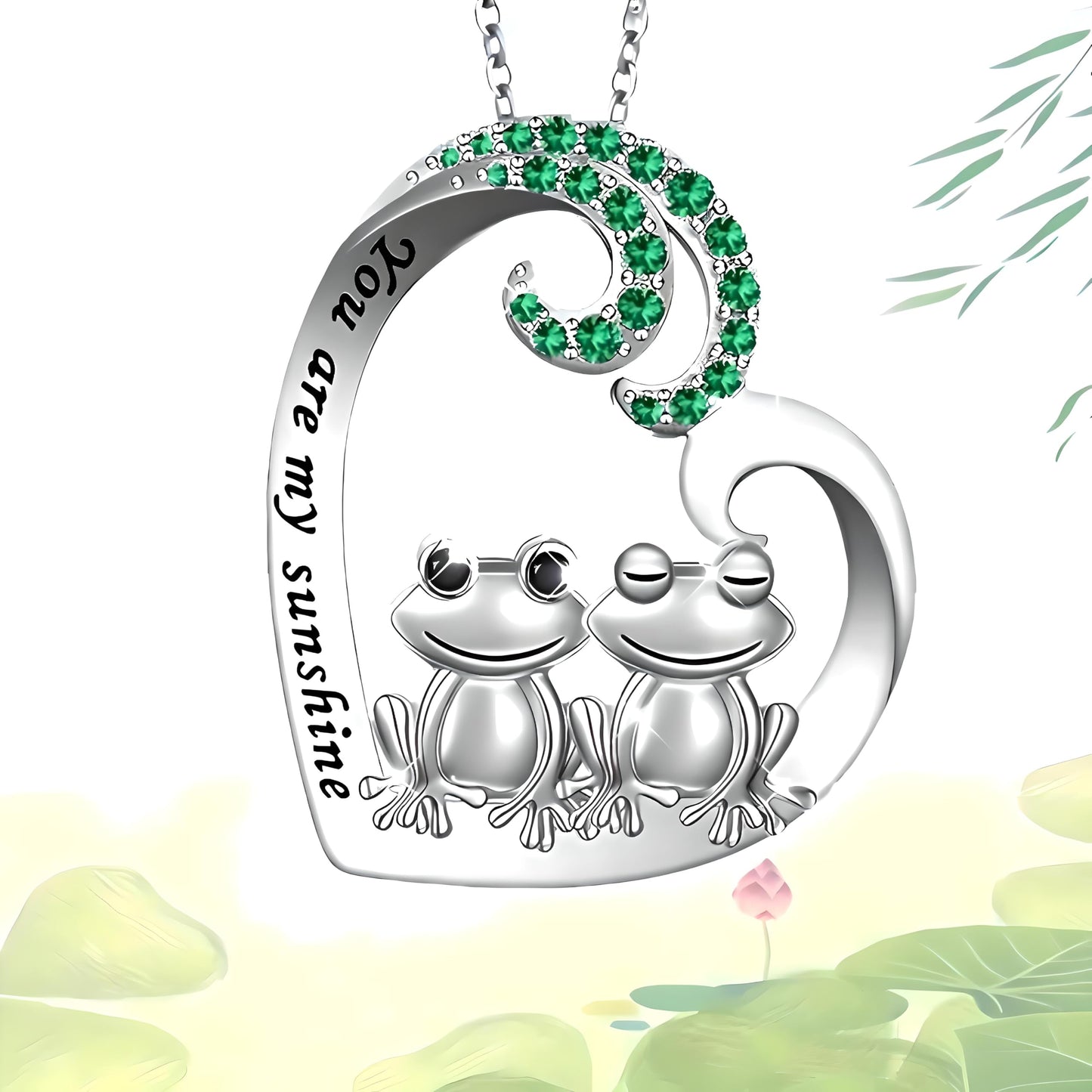 Cute Frog Couple Heart Pendant Necklace, Stainless Steel Chain 19.7 inch, Crystal Accent - Engraved 'You are my sunshine'