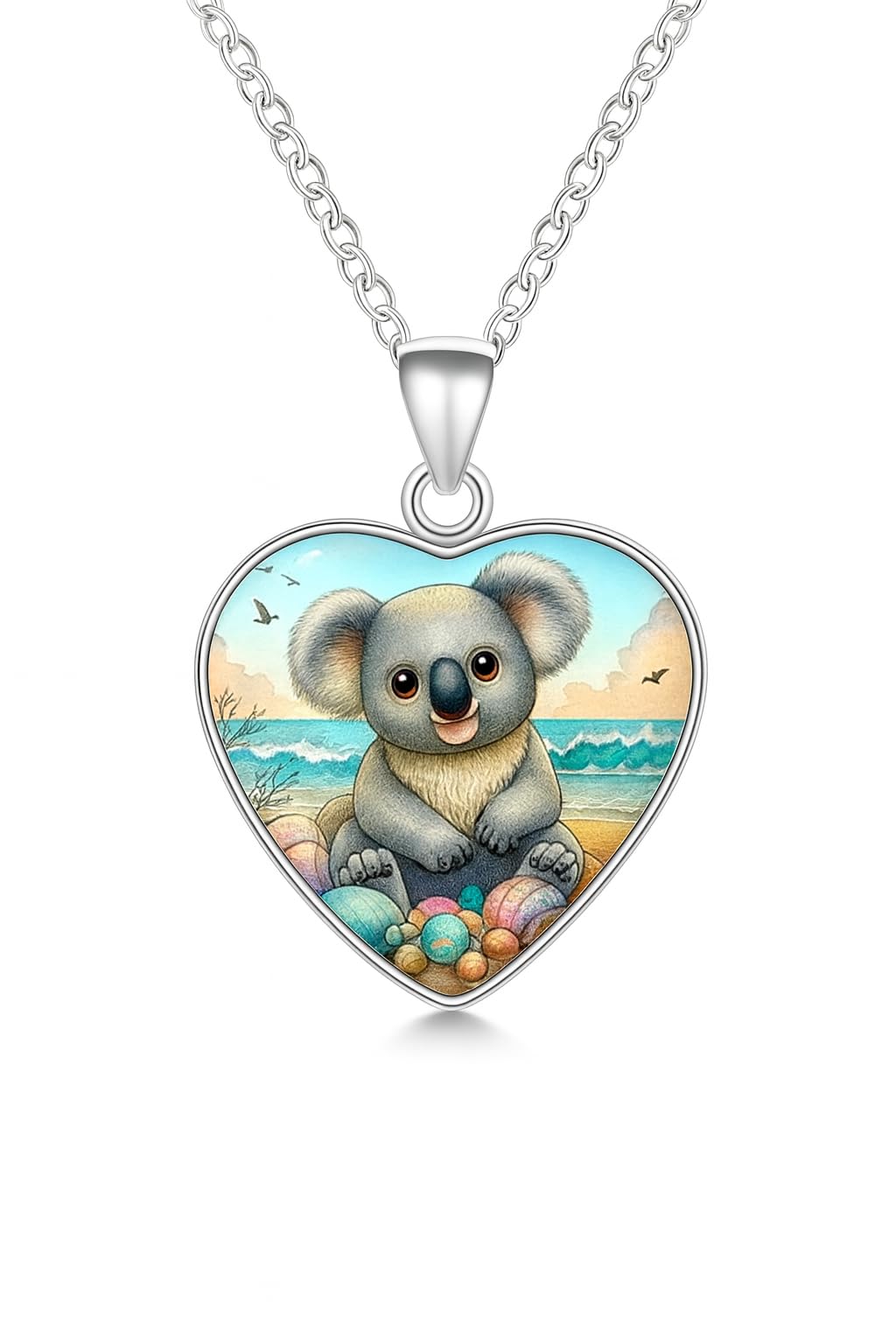SUPAC Heart-Shaped Koala Beach Scene Pendant Necklace, Silver Chain, 0.79 inch Width