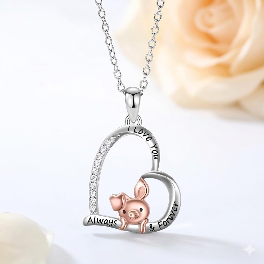 SUPAC Crystal Heart Pendant Necklace with Rose Gold Pig Design, Stainless Steel Chain, I Love You Always & Forever Message, CZ Diamonds, 17.5 Inch