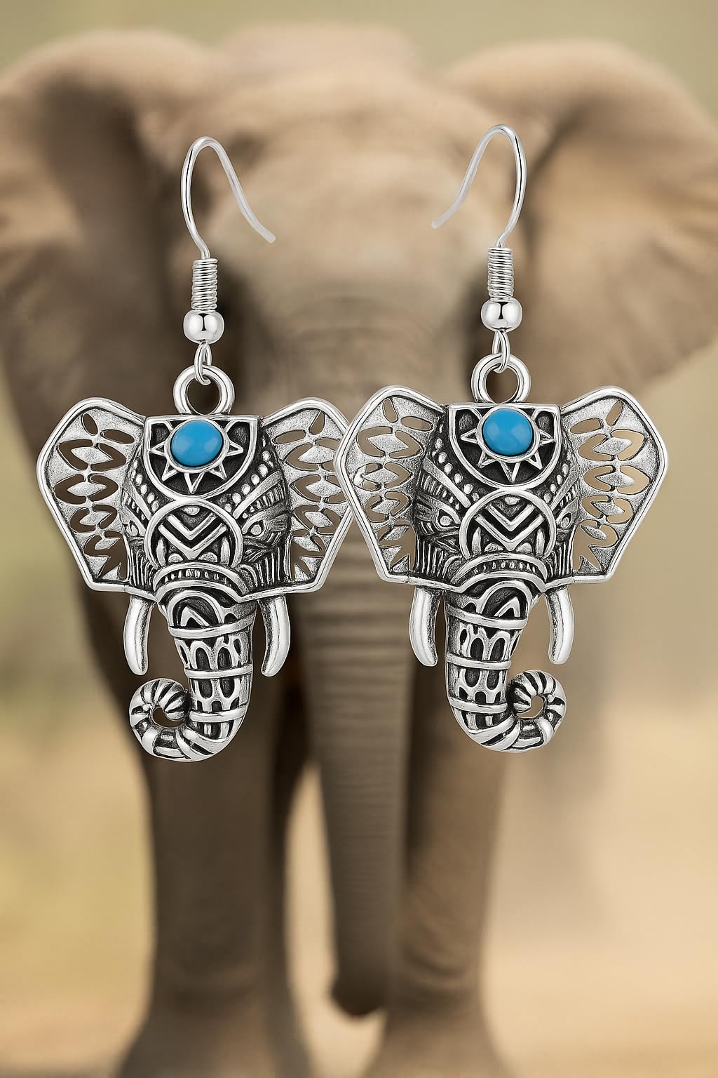 SUPAC Elephant Necklace, Silver Design - Elephant Lovers' Gift - Adjustable Vintage Ring with Turquoise Inlay – Unisex Boho Style Alloy Jewelry for Everyday & Party (Earrings)