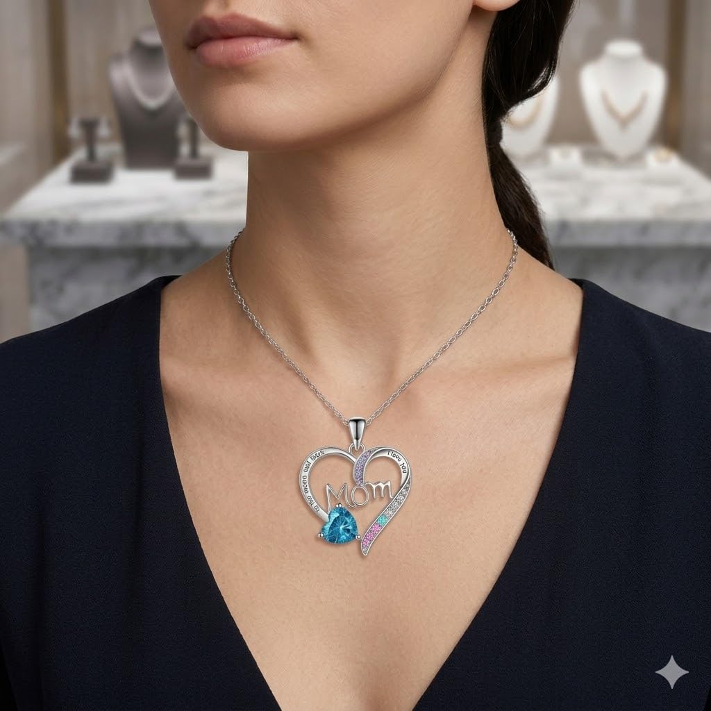 SUPAC Heart Mom Necklace, Sterling Silver Crystal Pendant with Pink Heart Stone, I Love You to the Moon and Back - Mother's Day Gift