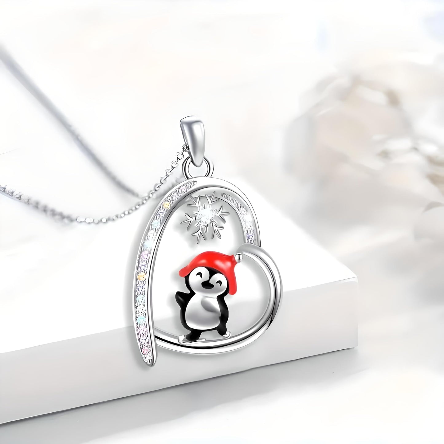 SUPAC Happy Feet Dancing Penguin with Snowflake Pendant Necklace with Rhinestones, Gift for a Birthday or Christmas