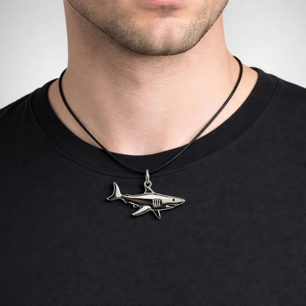 SUPAC Silver Shark Pendant Necklace, Black Cord, 17.7 inch Chain with 1.9 inch Extender