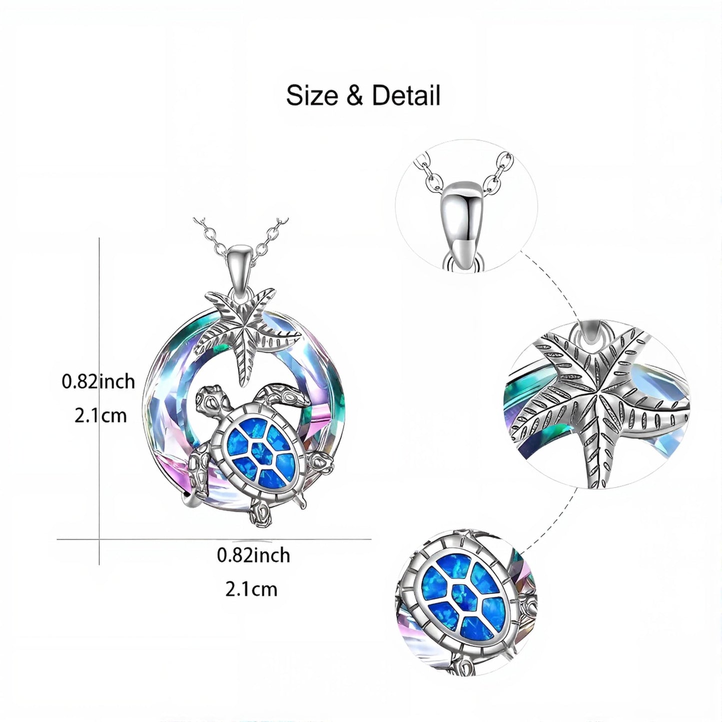 Sea Turtle Jewelry Set with Opal-Effect Blue Crystal, 3 Piece Starfish Pendant Necklace, Earrings Set, Stainless Steel Set