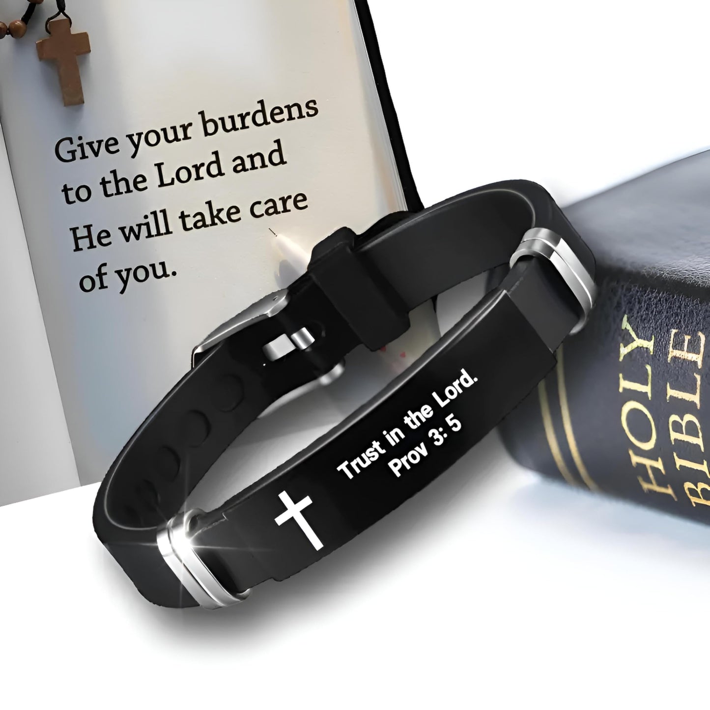 Christian Cross Bracelet with Proverbs 3:5, Phillipians 4:13, Matthew 19:26, Isaiah 41:10, Luke 1:37, Matthew 28:20 Scripture, Black Silicone Adjustable Watch Band, 9.05 inch Length