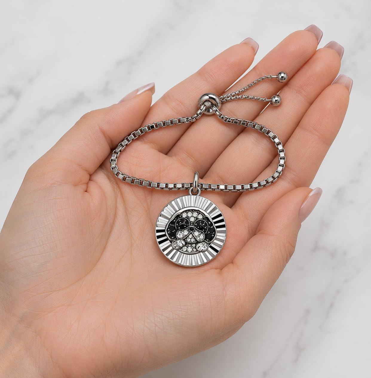 SUPAC Shih Tzu Charm Bracelet, Stainless Steel with Silver Plating, Adjustable Box Chain, Round Dog Pendant with Black & Clear Stones