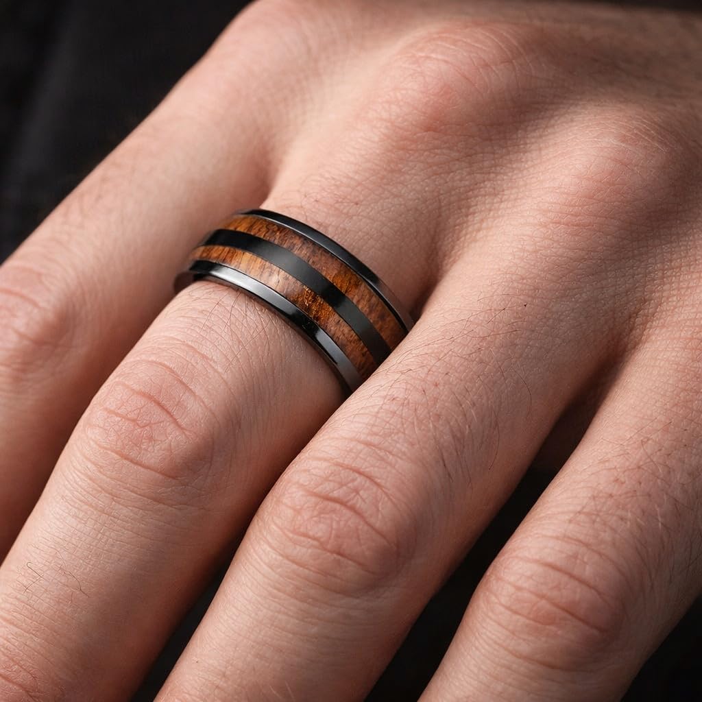 SUPAC 1pc Men's Trendy Stainless Steel Gray Whiskey Barrel Wooden Inlaid Wedding Ring - Suitable For Any Commitment Or Engagement size 7-13 (7), Brown, Black