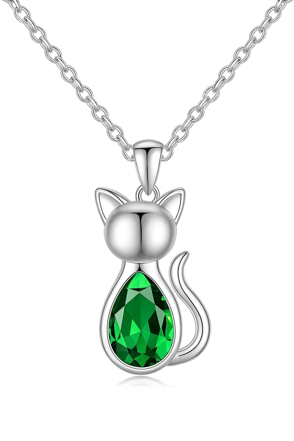 Crystal Cat Pendant Necklace, Silver Chain with Sleeping Cat Design, 17.7 inch Length