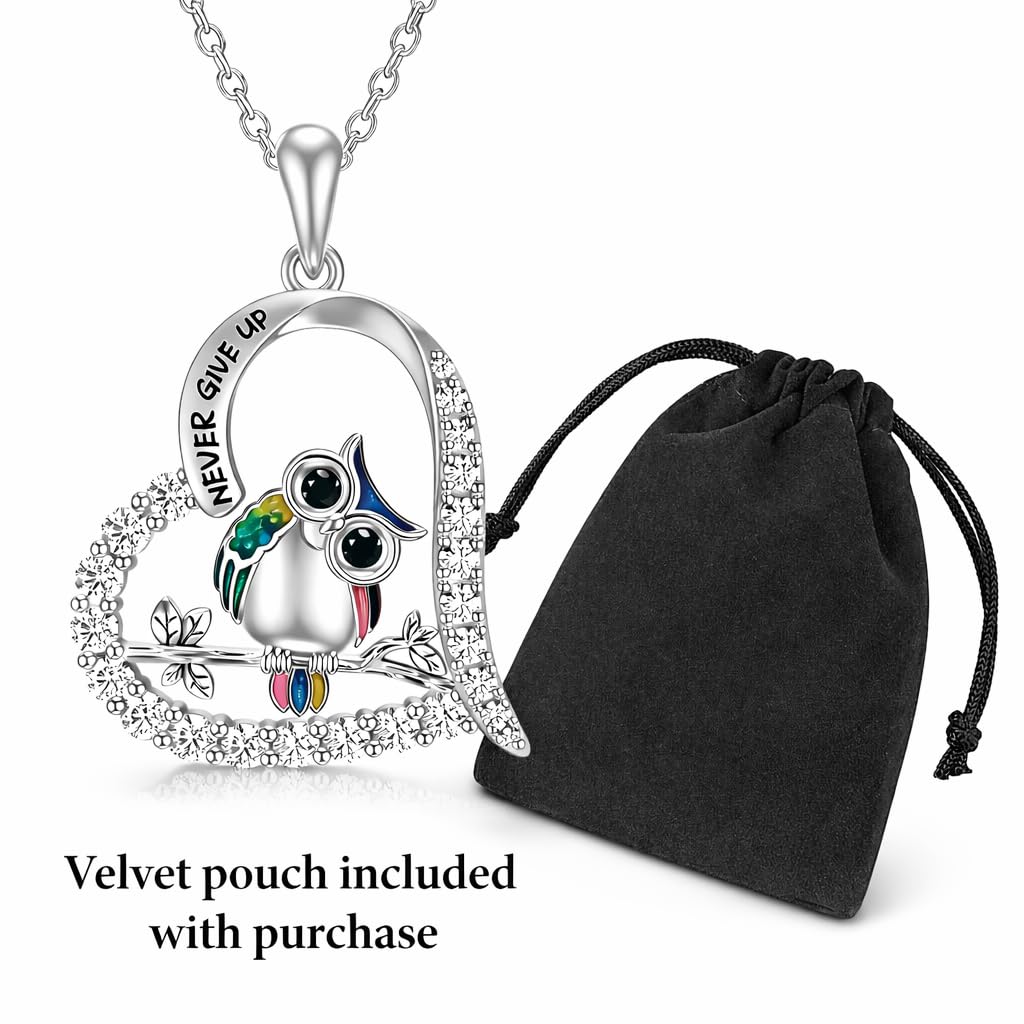 SUPAC Never Give Up Stainless Steel Owl Pendant Necklace, Crystal Rhinestone Crescent Design, 17.91 inch Chain Length, Inspirational Jewelry