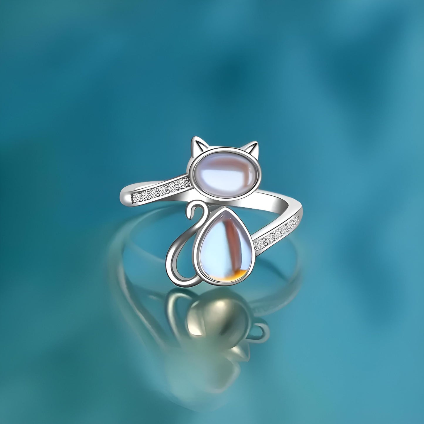 SUPAC Stainless Steel Cat Ring with Moonstone, Adjustable Band, Crystal Accents Design - Cat Lovers' Gift