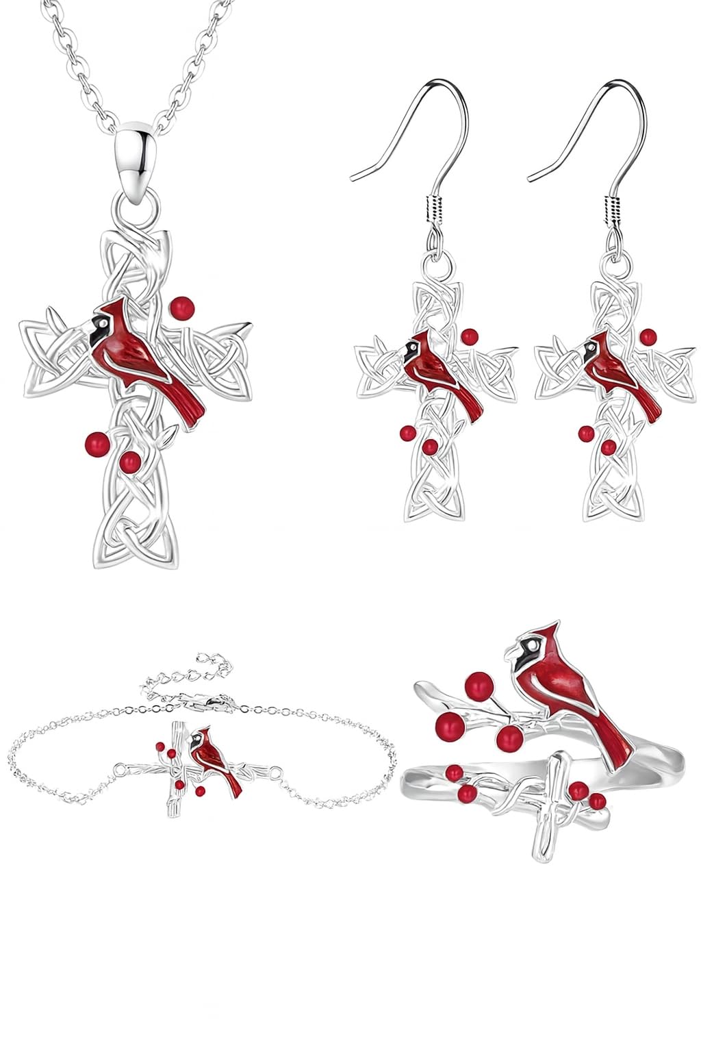 SUPAC Red Cardinal Jewelry Set, Necklace, Dangle Earrings, Bracelet, and Adjustable Ring - Cardinal Jewelry Gift