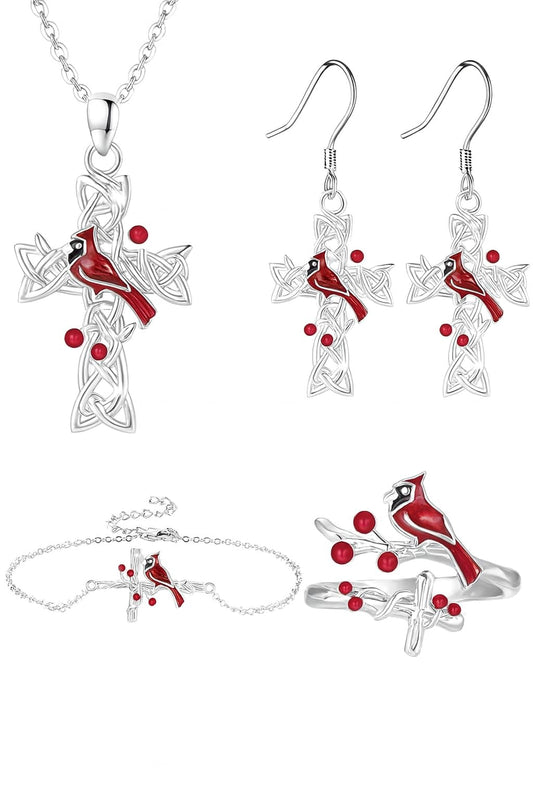 SUPAC Red Cardinal Jewelry Set, Necklace, Dangle Earrings, Bracelet, and Adjustable Ring - Cardinal Jewelry Gift