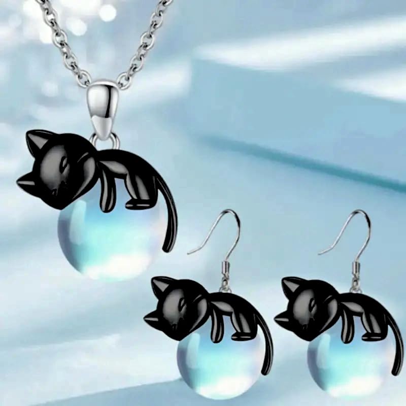 SUPAC Black Cat Jewelry Set – Glowing Blue Orb Necklace and Matching Earrings – Gift for Cat Lovers