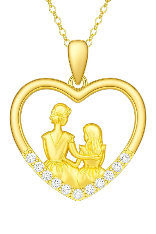 SUPAC Heart-Shaped Mother's Day Necklace, Family + Mother Necklace Options with Crystal Accents, Mother and Daughter Pendant Gift, Silver and Gold-Tone, 'I Love You Always & Forever' Message (Golden)