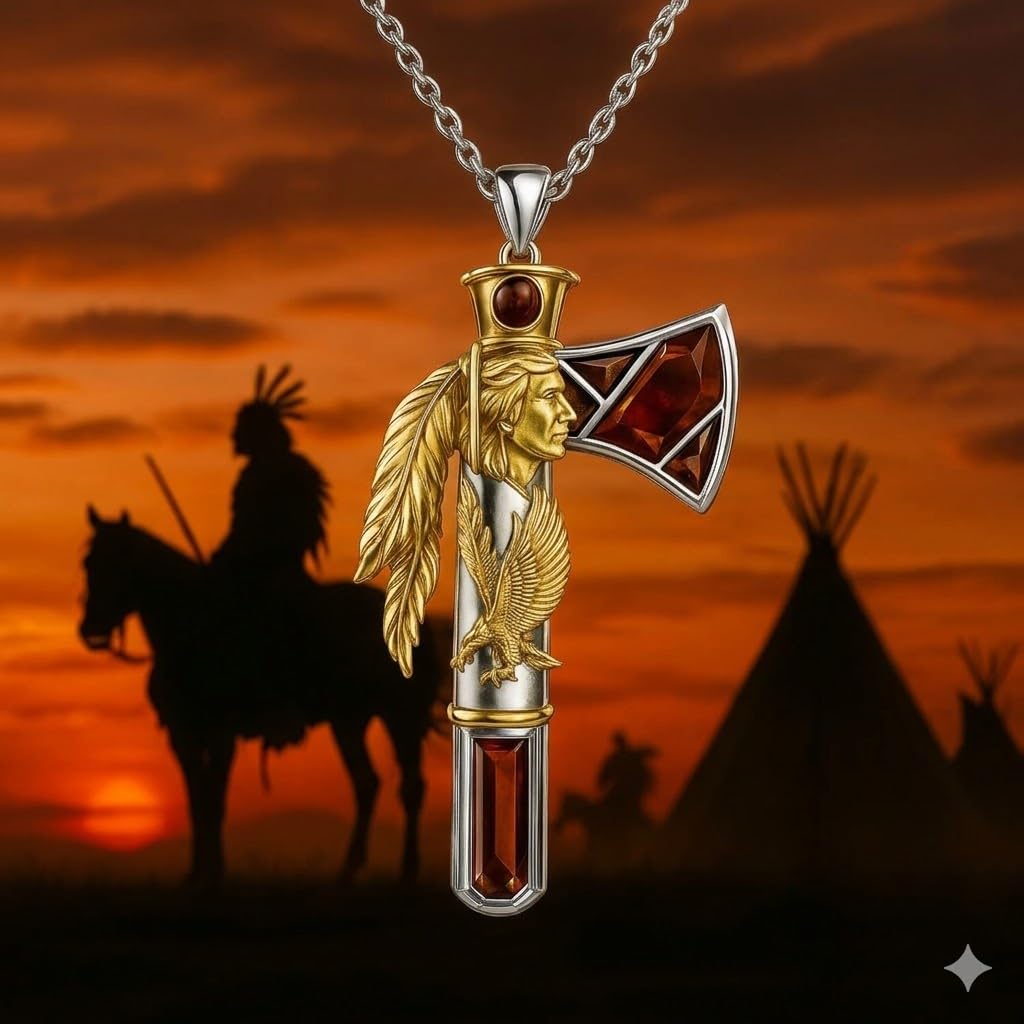 Indian Axe Pendant Necklace, Native American Wolf Design, Stainless Steel Chain