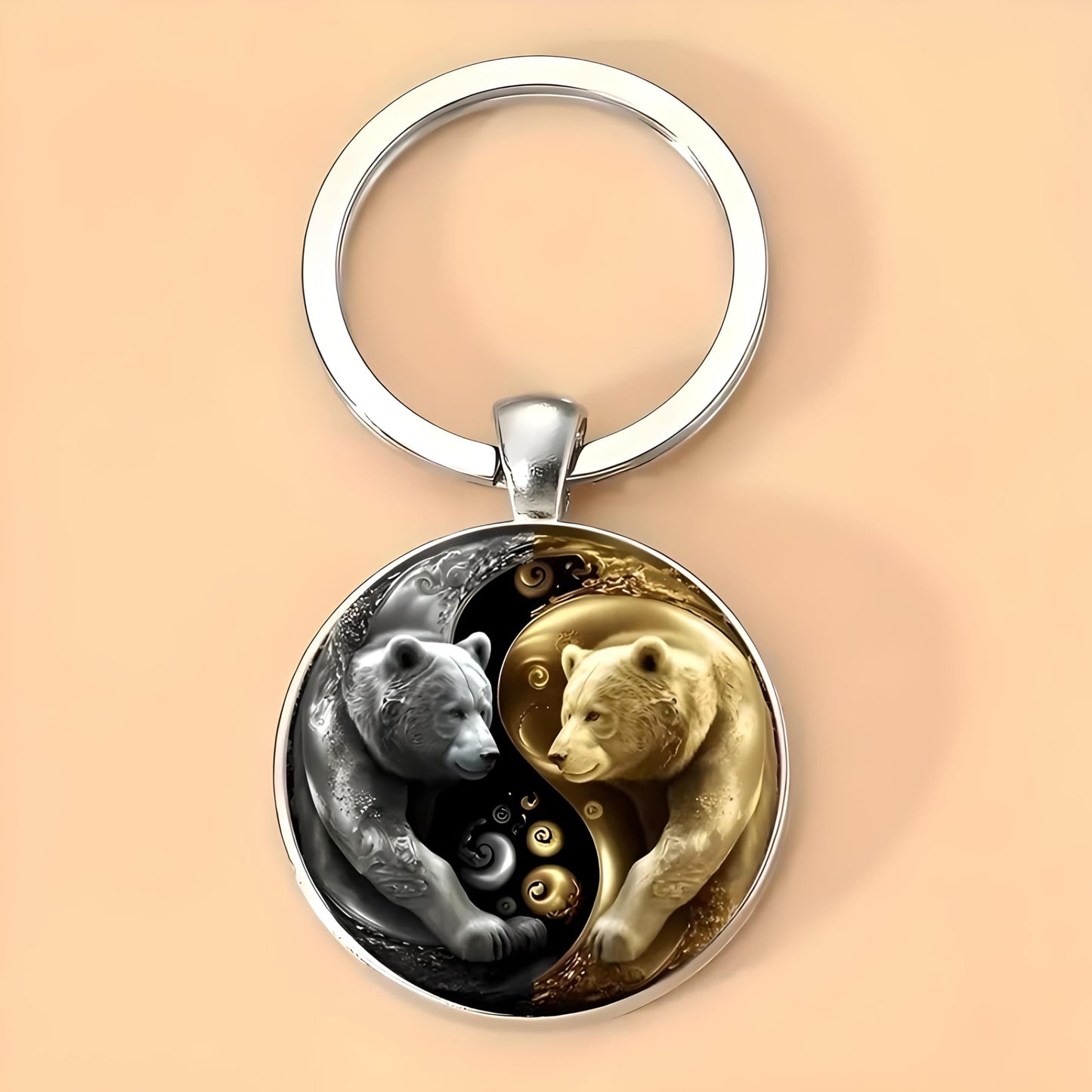 1pc Unique Bear With Forest Background Shaped Metal Keychain - Fashionable Circular Animal Keyring for Men and Friends