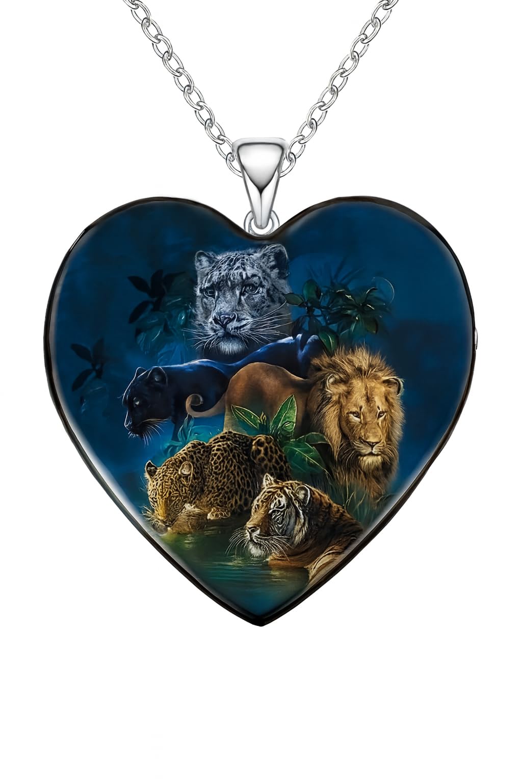 SUPAC Heart-Shaped Jungle Animals Pendant Necklace, Multicolor Glass Necklace including: Lion, Tiger, Leopard, Panther and Cheeta - Christmas, Holiday, or Birthday Gift