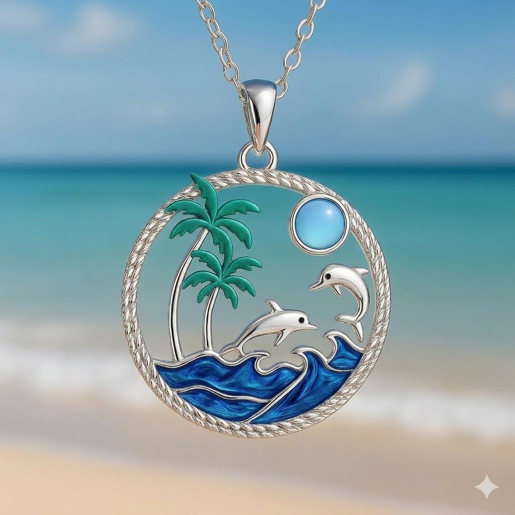 Tropical Beach Scene Pendant Necklace, Silver Chain with Dolphins and Palm Trees, Blue Ocean Wave Design, 17.7 + 2 Inch