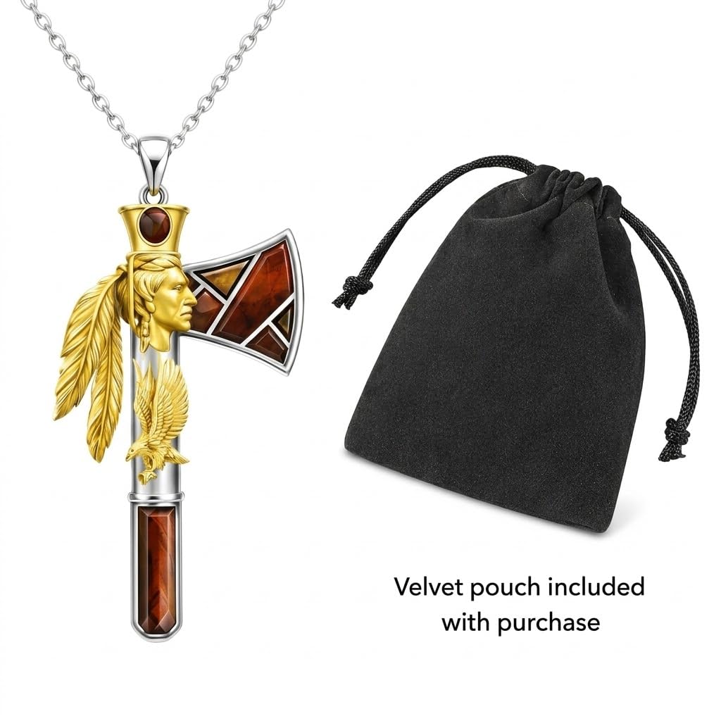 Indian Axe Pendant Necklace, Native American Wolf Design, Stainless Steel Chain