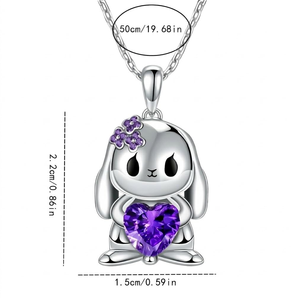 SUPAC Stainless Steel Angry Bunny Pendant Necklace with Purple Crystal Heart, 19.68 inch Chain - Silver Plated