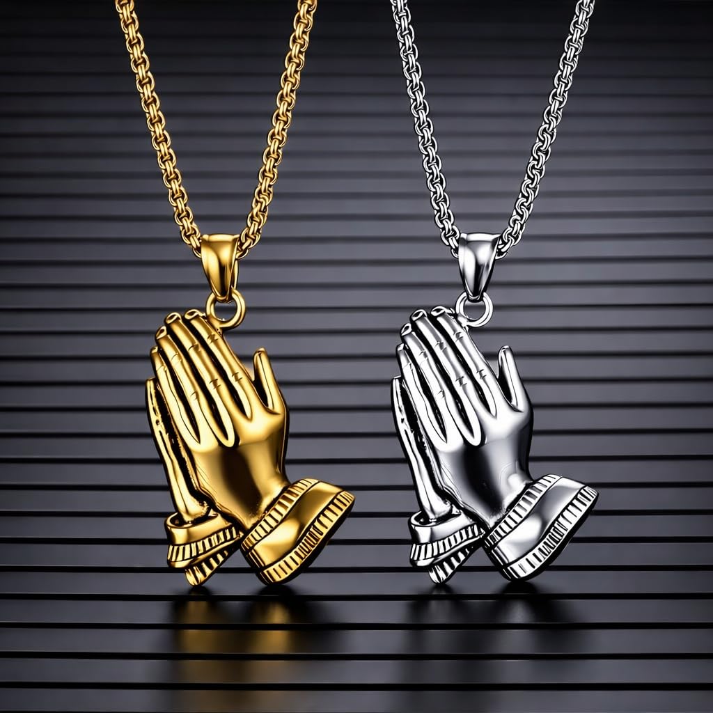 Exquisite Silver Prayer Hands Necklace - A Symbol of Faith, Elegance, and Spiritual Connection - 1pc Prayer Hands Stainless Steel Chain Pendant