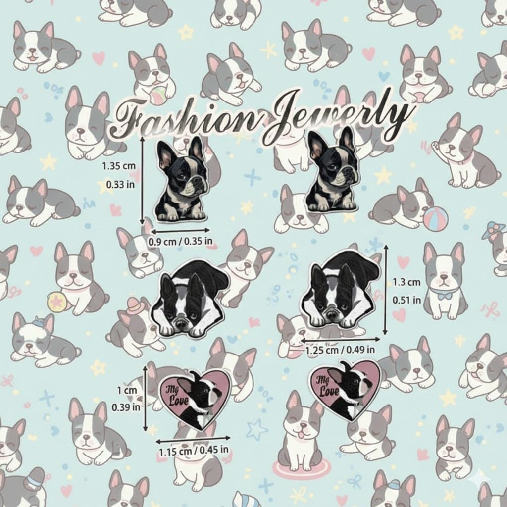 Boston Terrier Stud Earrings Set, Black and White Dog Design with Heart Charm, 3 Pairs
