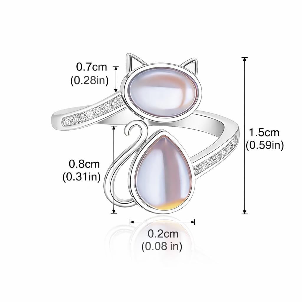 SUPAC Stainless Steel Cat Ring with Moonstone, Adjustable Band, Crystal Accents Design - Cat Lovers' Gift