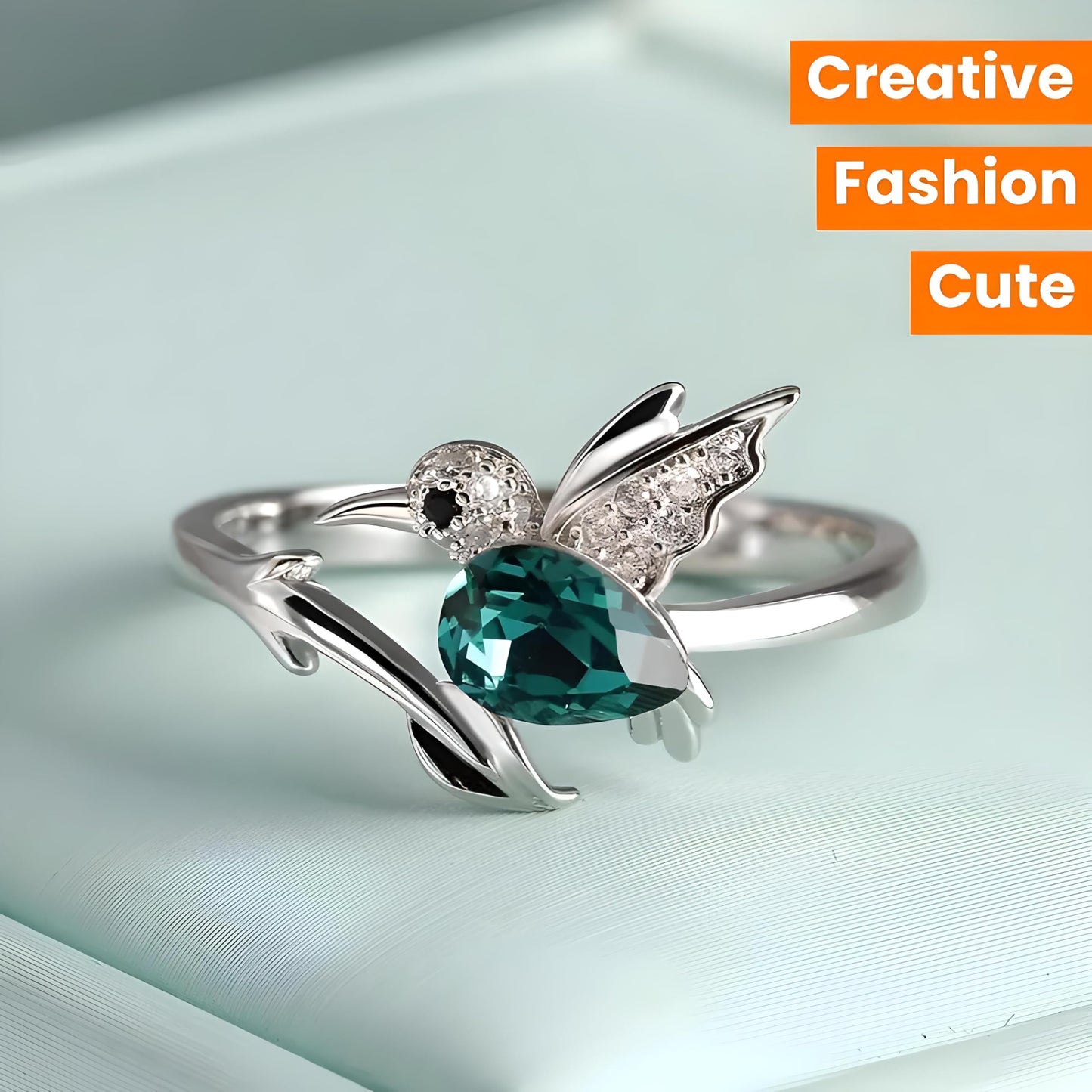 Stainless Steel Hummingbird Ring with Enamel Flowers, Adjustable, Turquoise and Purple