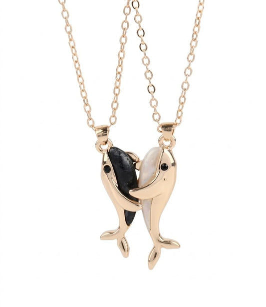 SUPAC Yin-Yang Whale Couple Necklaces, Magnetic Matching Set with Stone Inlays, Stainless Steel, Rose Gold and Silver Tone, 2 Piece Set