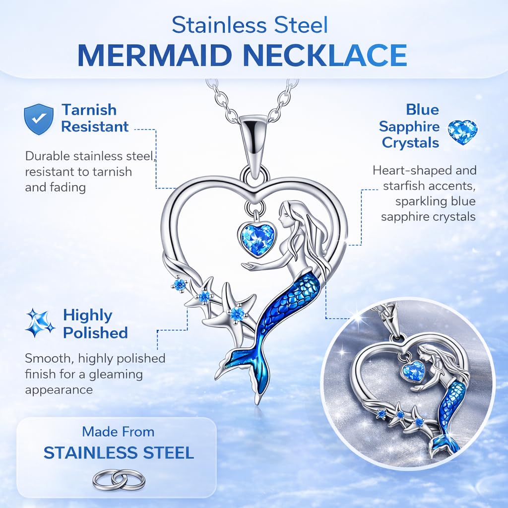 SUPAC Heart of the Sea Mermaid Pendant Necklace, Starfish and Blue Fin - with Multiple Colors
