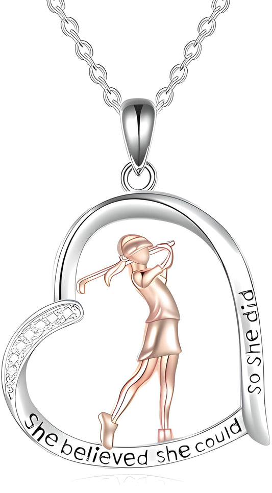 Creative Sports Golf Woman Heart-shaped Pendant Necklace, Elegant Golf Jewelry, Birthday Party Christmas Gift: "She believed she could so she did"