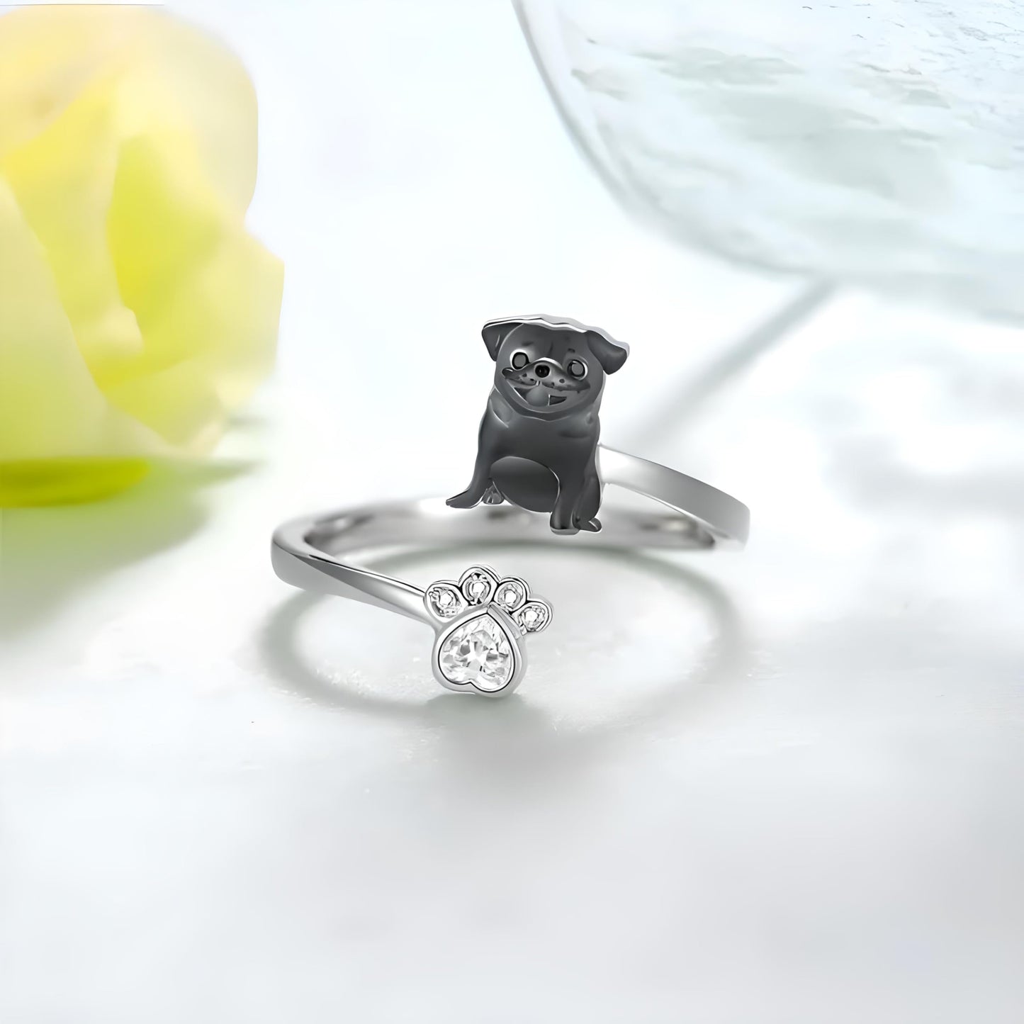 German Shepherd, Yorkie, Pug Dog Paw Adjustable Ring, Sterling Silver, Paw Print Design with Crystal Accents - Christmas, Birthday, or Party Ring