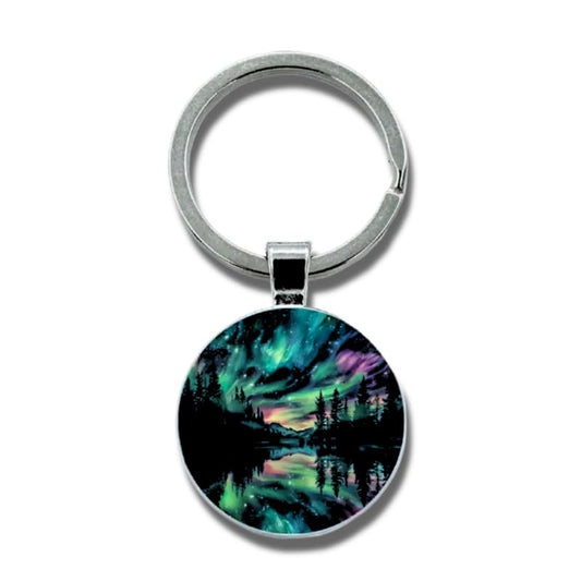 Mountain Sunset Stained Glass Art Keychain, Nature Scene Design, Round Pendant (Aurora Borealis)