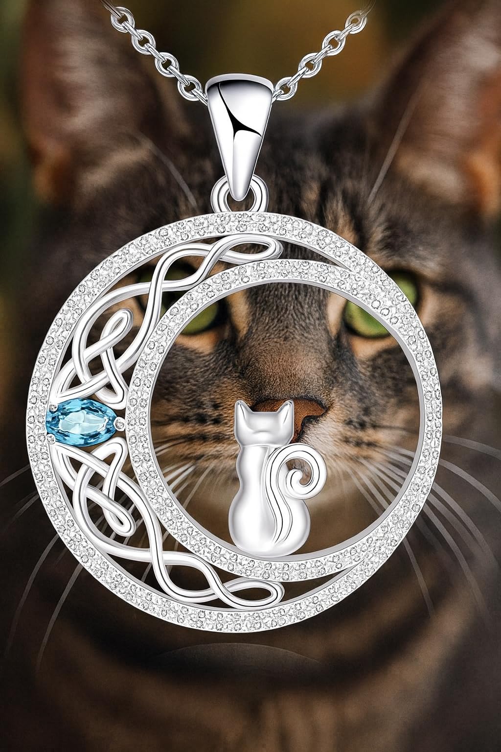 Stainless Steel Cat Moon Heart Star Flower Necklace with Crystal Pendant, 8 Designs - Cute Heart Necklace, With Black Cats, Charming in Rose Gold - Stylish Gift for Women & Party Accessory (Cat w/blue gemstone)