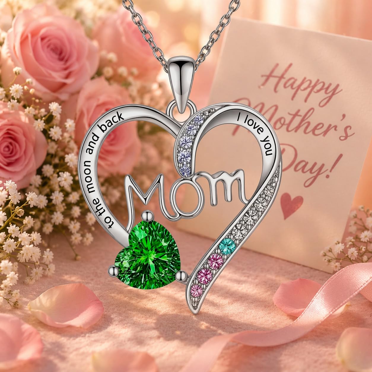 SUPAC Heart Mom Necklace, Sterling Silver Crystal Pendant with Pink Heart Stone, I Love You to the Moon and Back - Mother's Day Gift