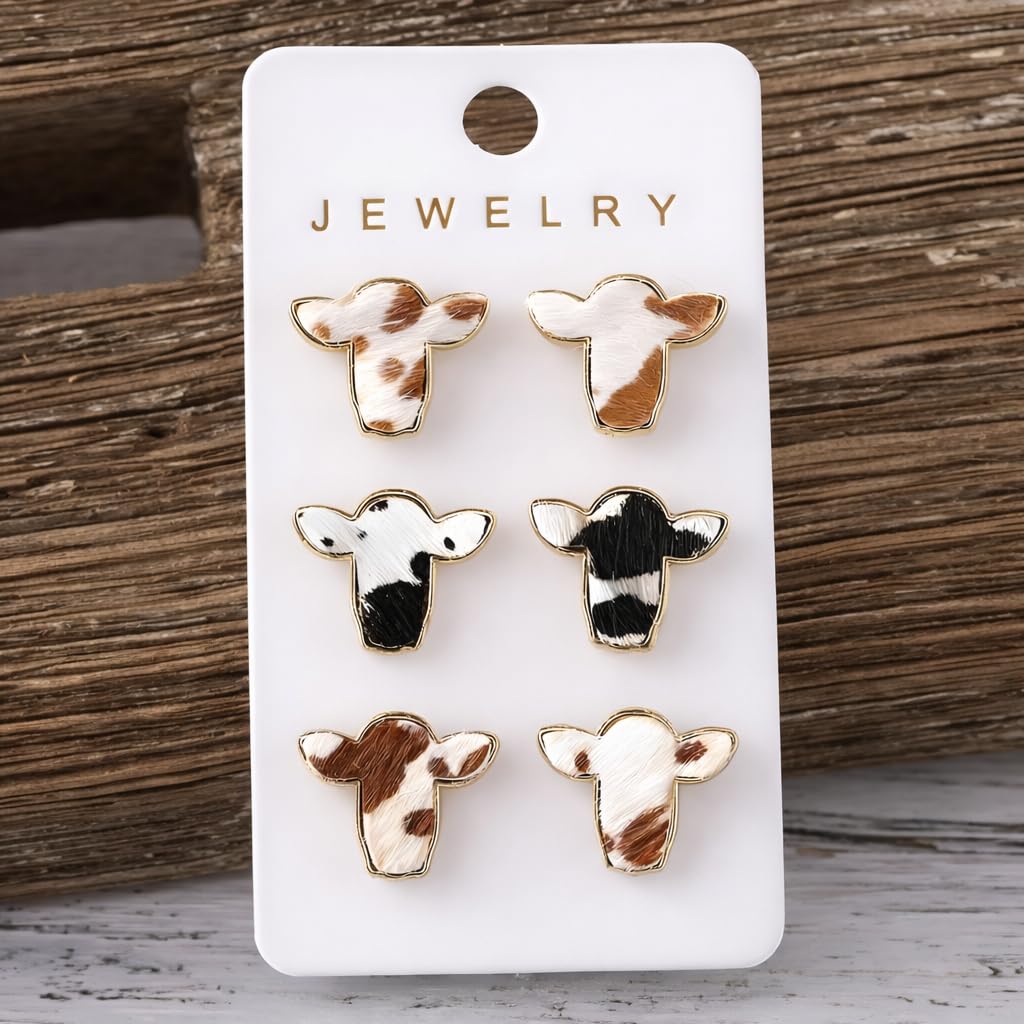 Cowhide Print Stud Earrings, 3-Set Gold-Tone Farm Animal Design, 0.78 x 0.62 inches -Brown, Orange, and Black Colors
