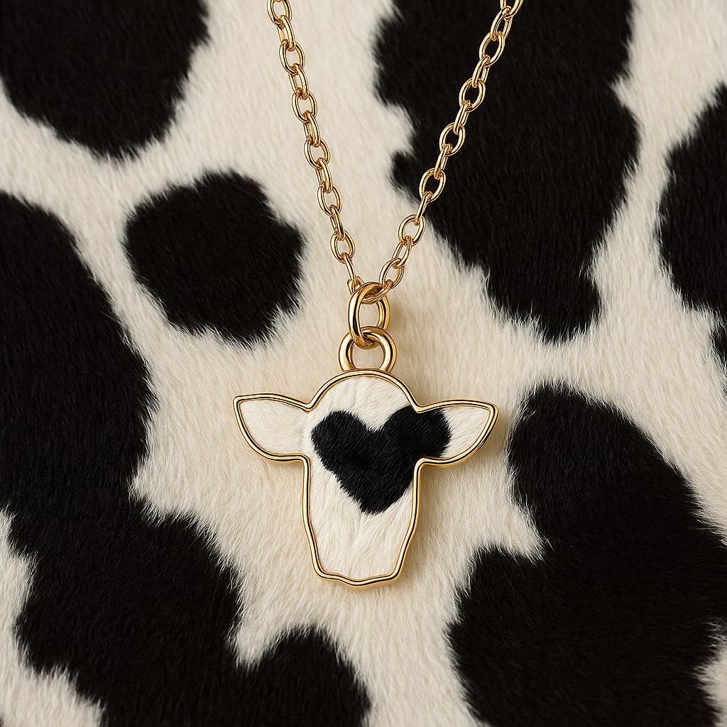 SUPAC Cow Print Pendant Necklace, Gold Chain, Black and White Enamel, Western Style - Cowhide Hair