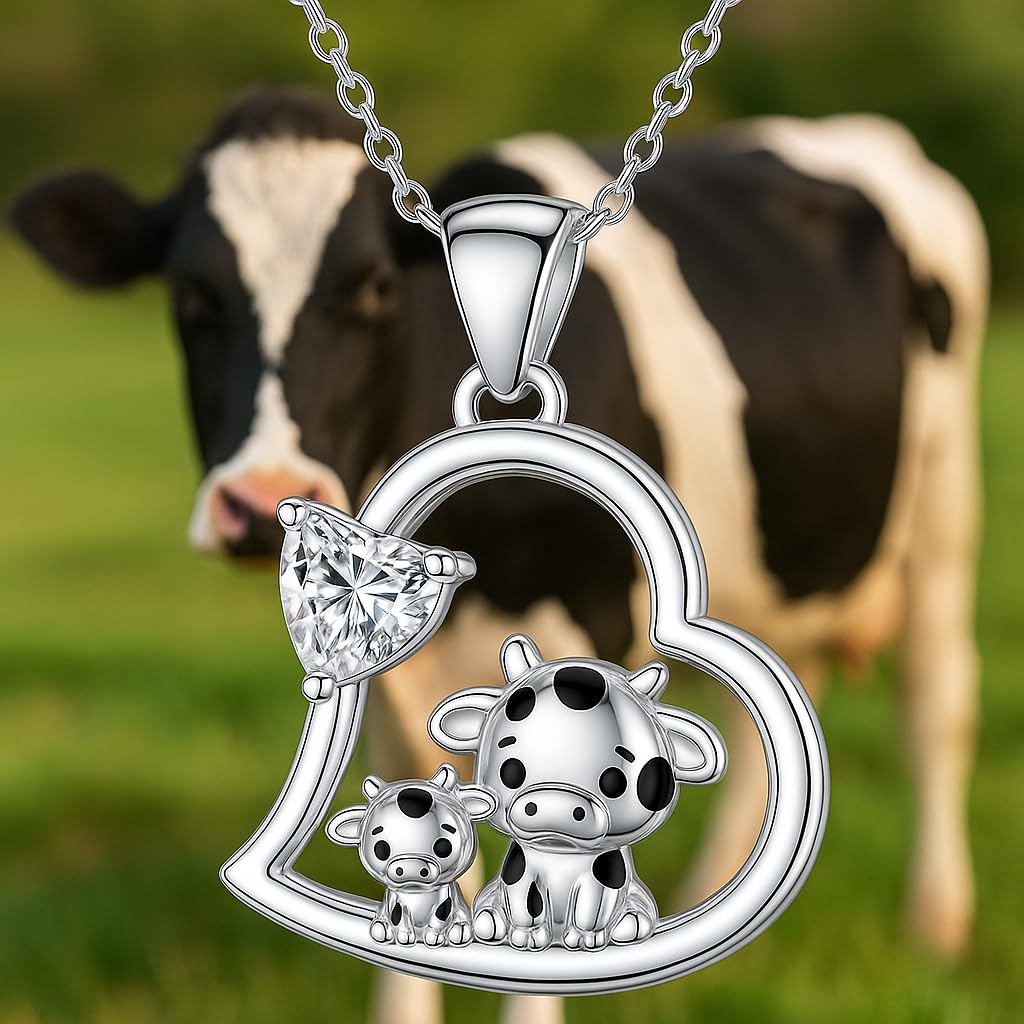 Blue Heart Shaped Mother and her Calf Cow Pendant Necklace for Women - Mother's Day Gift, Christmas, or Birthday Gift