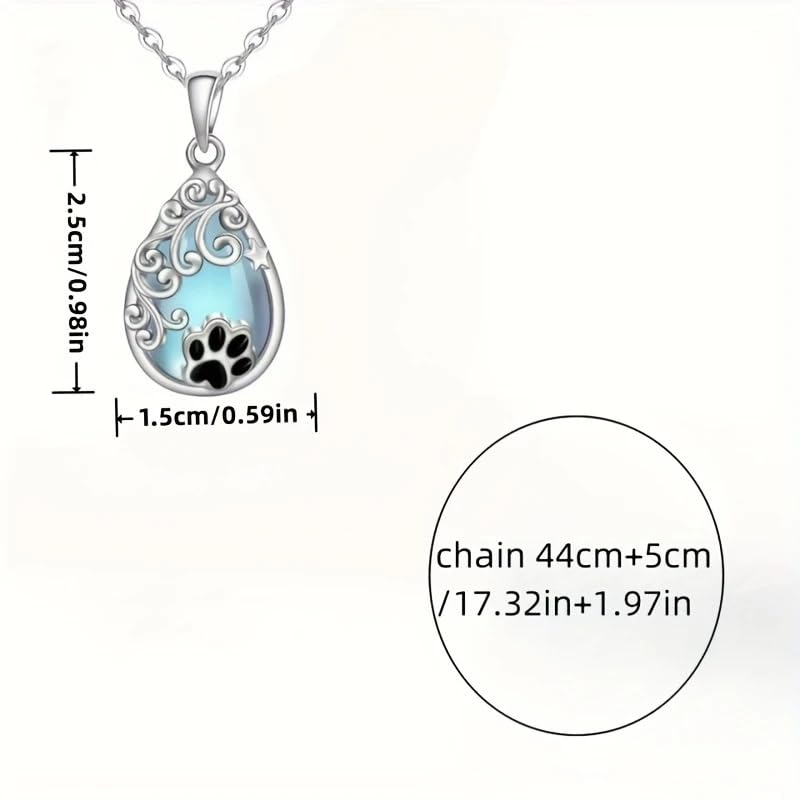 Pet Memorial Necklace, Silver Teardrop Pendant with Paw Print and Moon Stone, Cat or Dog Lovers' Gift