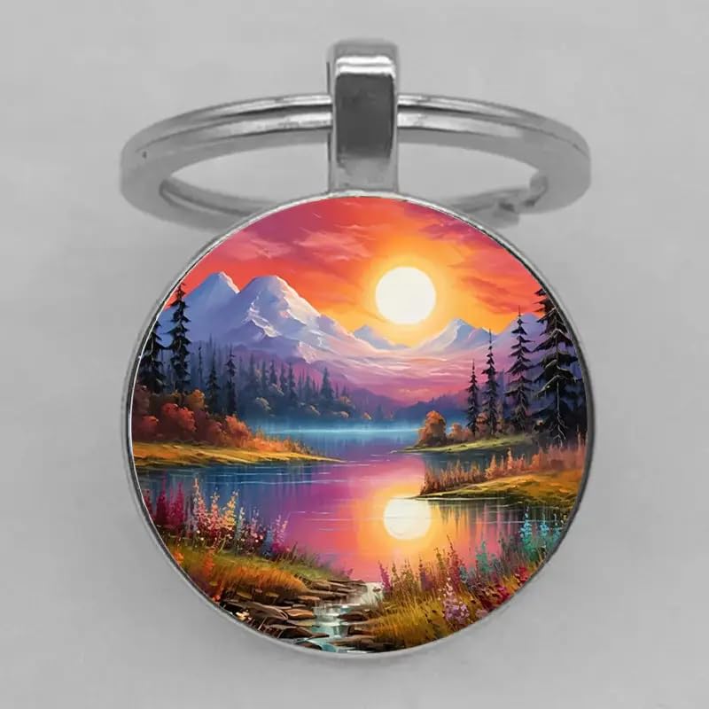 Mountain Sunset Stained Glass Art Keychain, Nature Scene Design, Round Pendant (Sunset Forest)