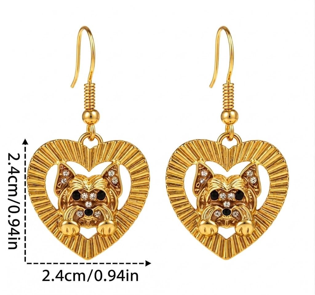 Yorkie Heart Drop Earrings, Gold, Stainless Steel, Crystal Accent, 0.94 x 0.94 in, Dog Lover Jewelry