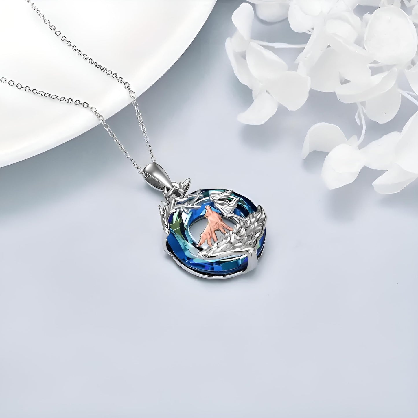 SUPAC Wolf Winter Scene Pendant Necklace, Blue Crystal, Stainless Steel Chain, 1.25 inch