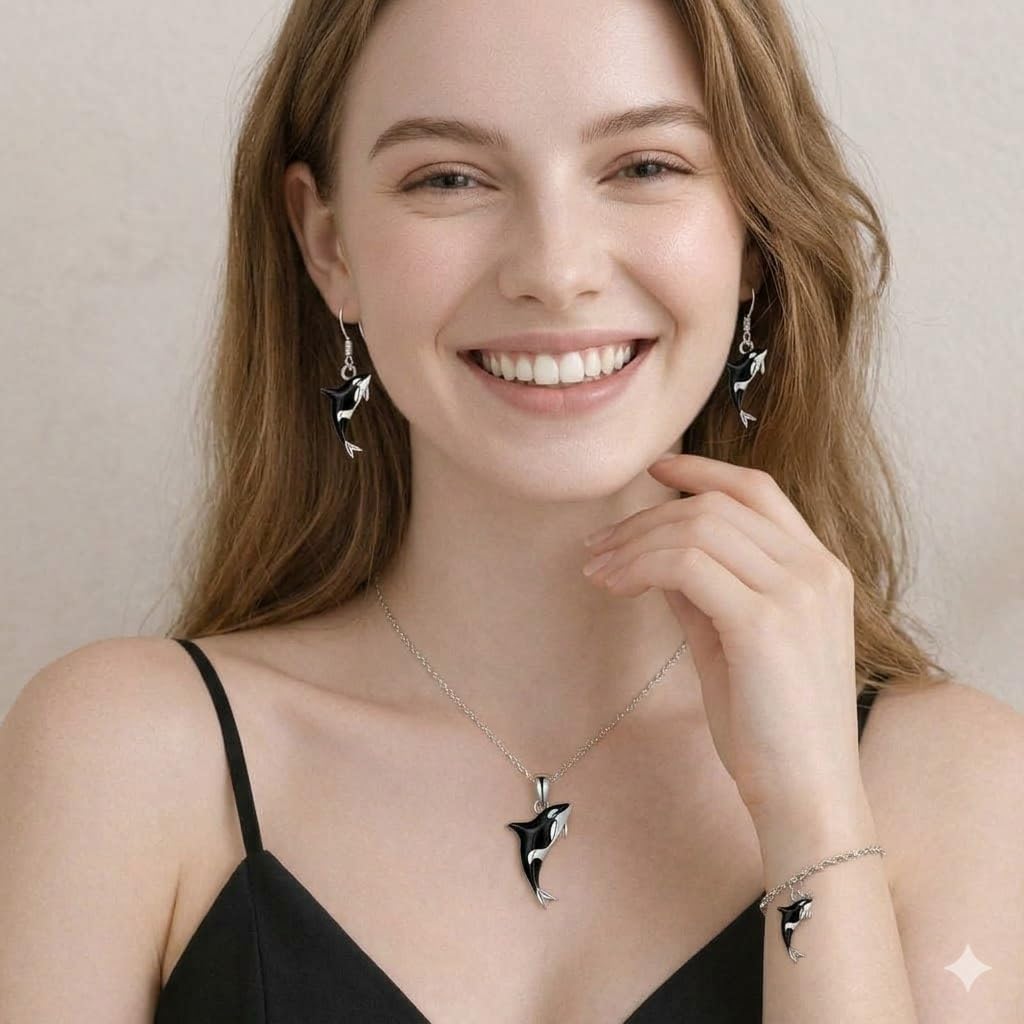 Orca Killer Whale Jewelry Set with Necklace, Earrings, Bracelet and Keychain, Black and Silver - Shamu Gift