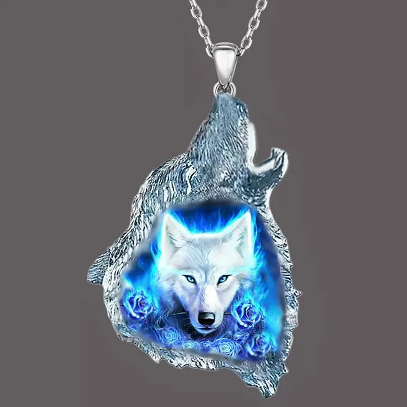 Wolf Howling Galaxy, Solar System, Snow Field, Pendant Necklace, Stainless Steel Chain - Christmas, Birthday, or Party Gift