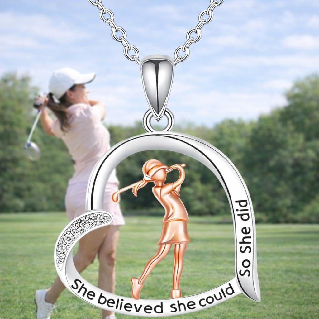 SUPAC Creative Sports Golf Girl Heart-shaped Pendant Necklace, Elegant Golf Jewelry, Birthday Party Christmas Gift: She believed she could so she did
