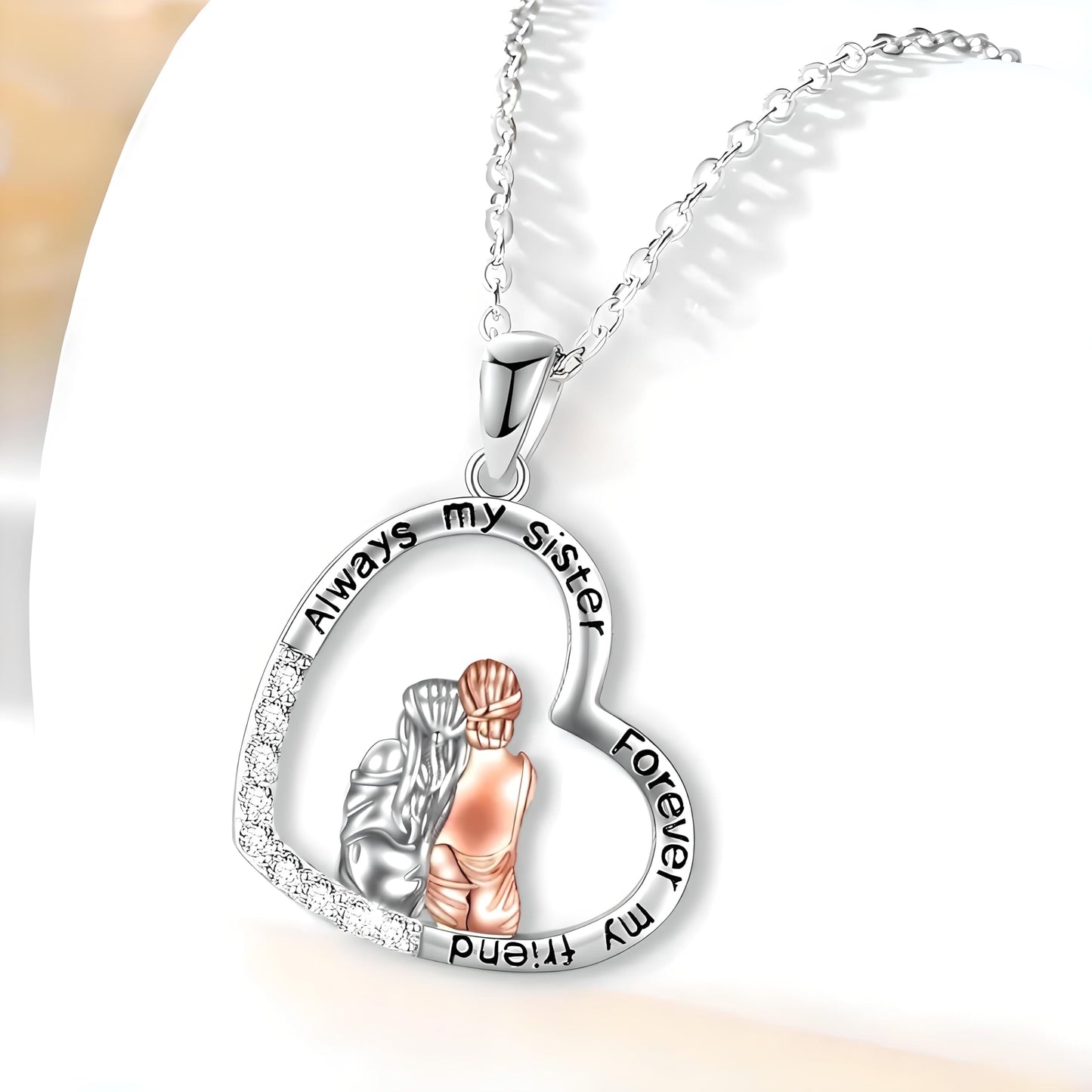 3PCS Sister Love Heart Pendant Necklace Set, Fashion Alloy, One necklace with Two Earings- White Gold Plated Jewelry for Women – "Always my sister, Forever my friend" -Ideal Birthday, Christmas, Party Gift
