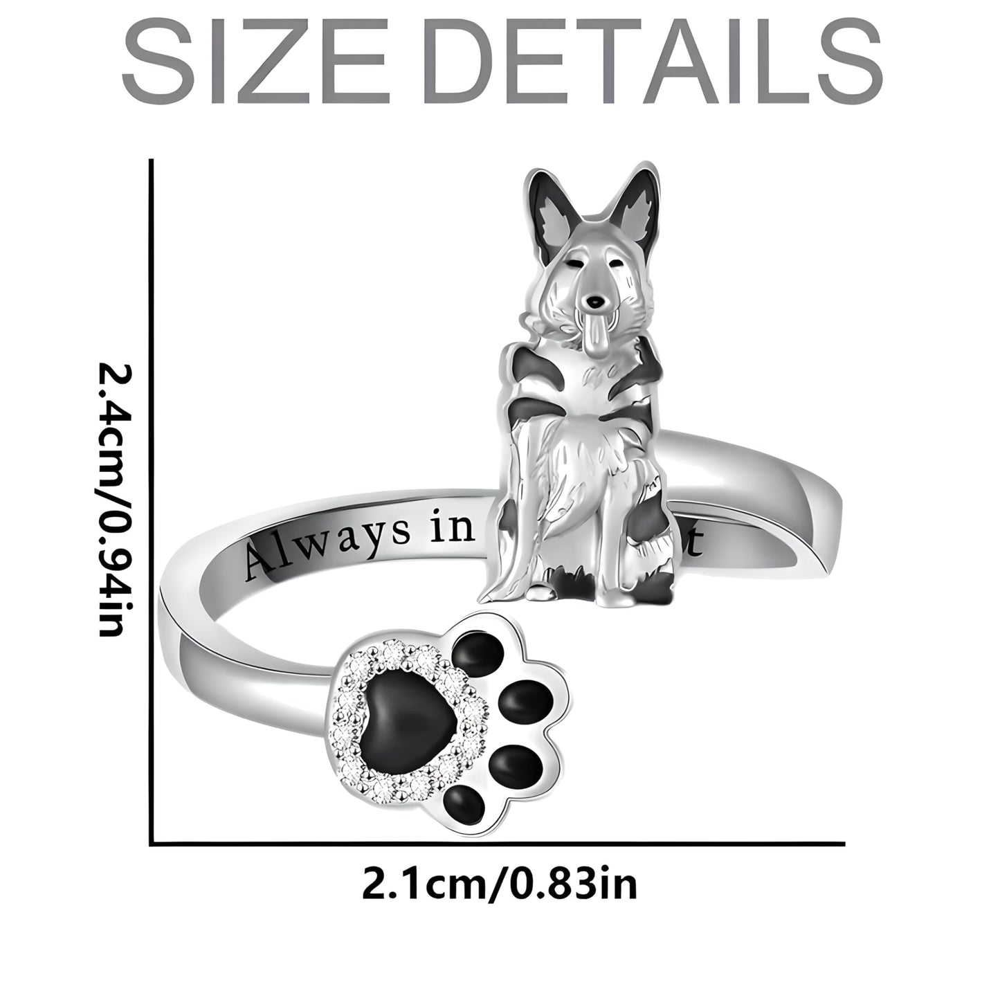 German Shepherd, Yorkie, Pug Dog Paw Adjustable Ring, Sterling Silver, Paw Print Design with Crystal Accents - Christmas, Birthday, or Party Ring