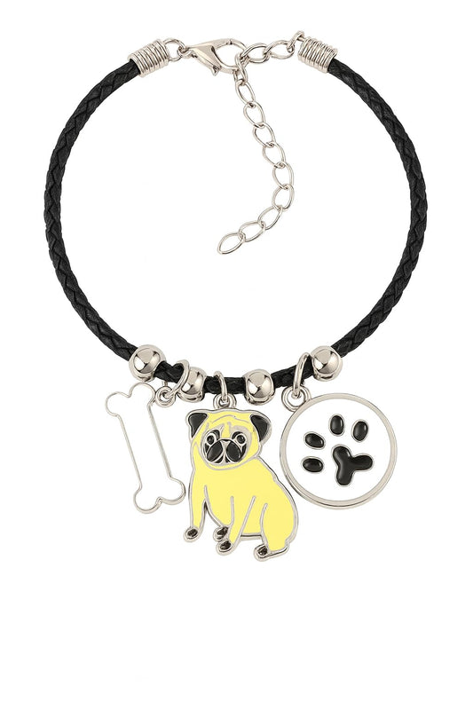 Pet Charm Bracelet with Dog Charms, Black Braided Band, I Love Dogs Design - Dog Lovers' Bracelet - Different Breeds of Dogs, Pet Lover Gift for Birthday and Holiday, Durable and Long-Lasting, Hypoallergenic and Nickel-Free, Everyday Wear (Pug)