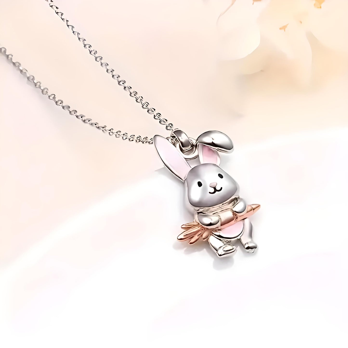 Cute Bunny Jewelry Set with Necklace, Bracelet, Earrings and Keychain, Silver and Pink - Rabbit Jewelry Gift