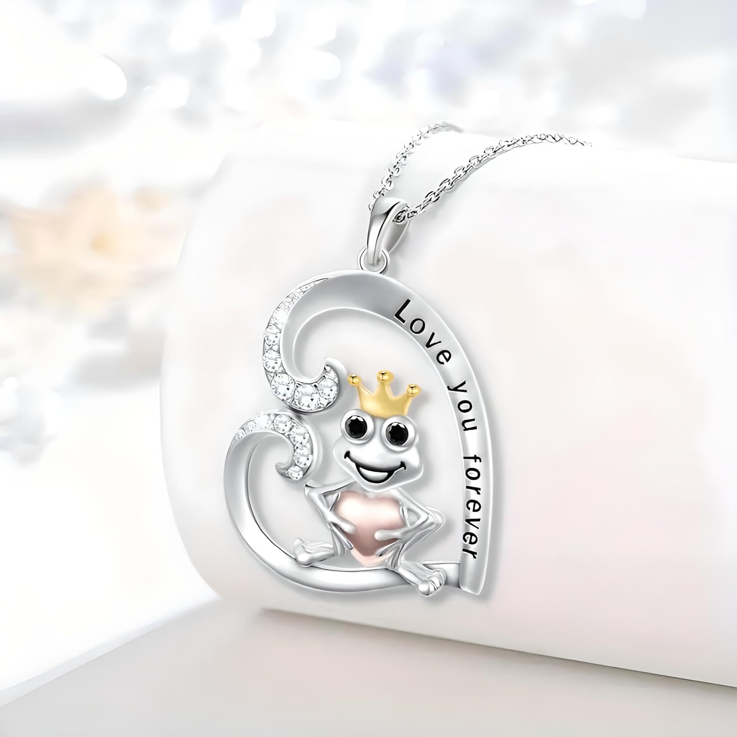 SUPAC Frog Prince Charming Pendant Necklace, Alloy with Plated White K, Resin Gem, Love You Forever Inscription, Animal-Themed Jewelry